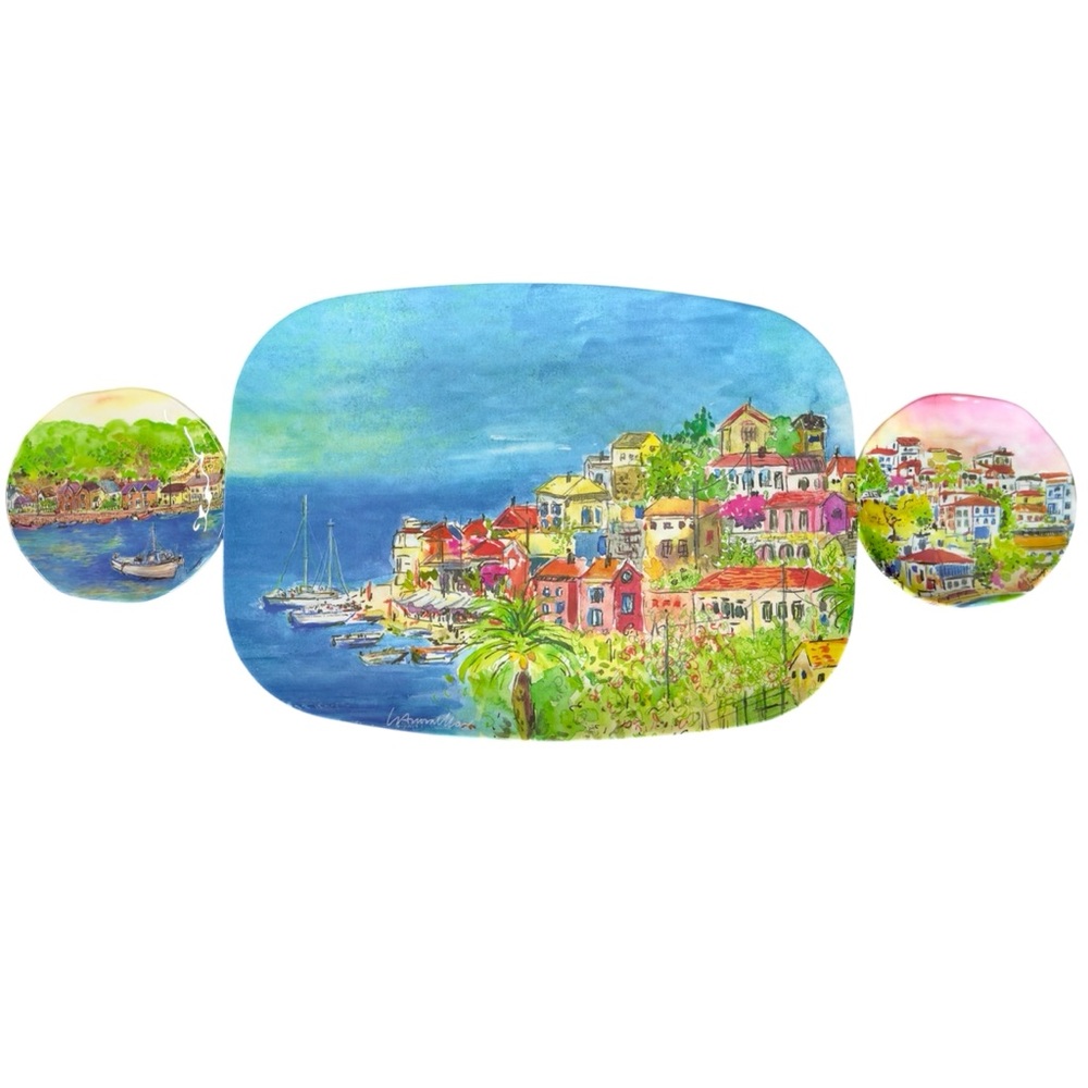 Melamine Italian Coastal Scenes Platter And Plates 222 Fifth Sage Boat Blush Sky